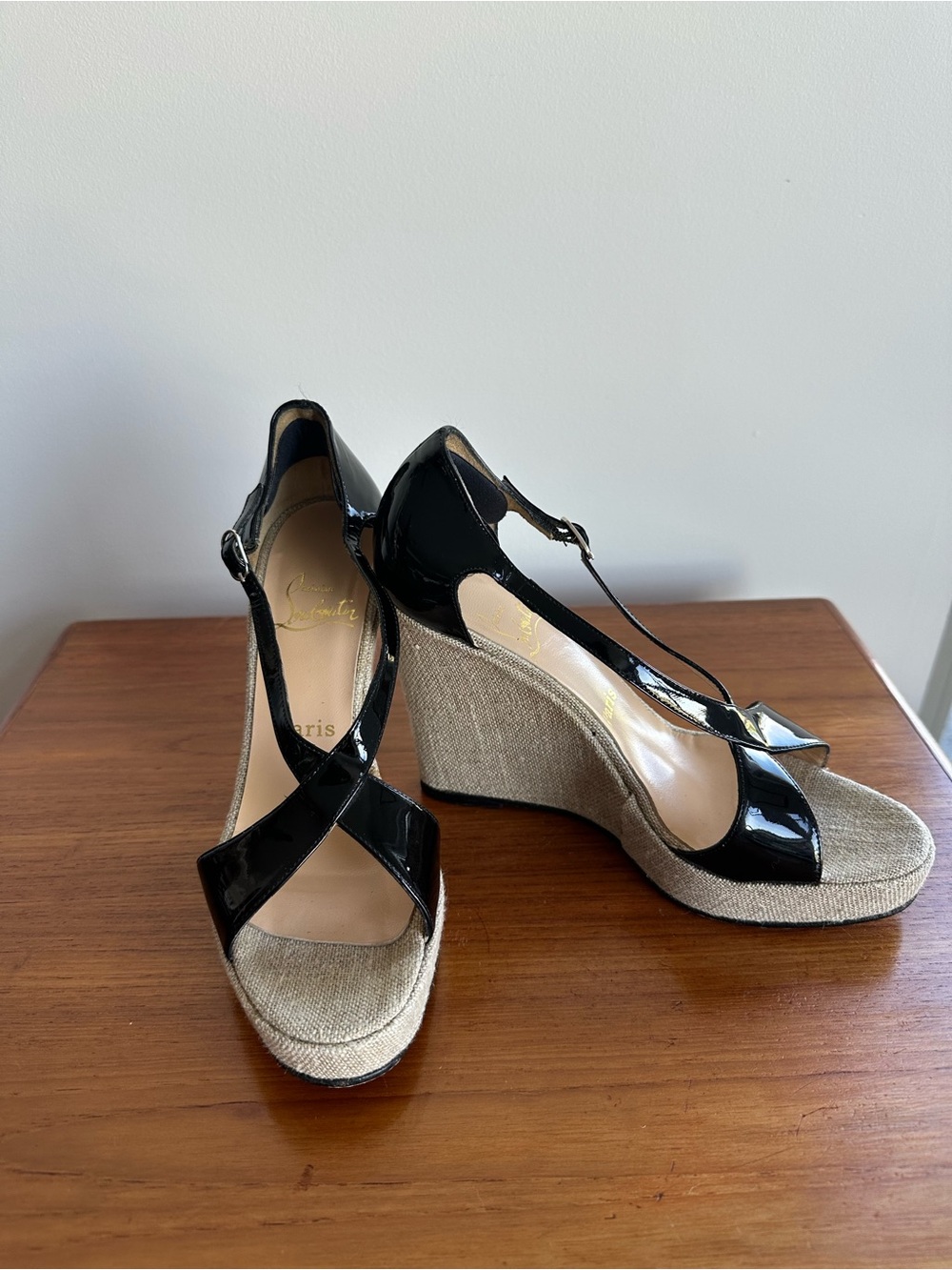 Christian Louboutin Black Patent Leather and Natural Fabric Wedge Sandals